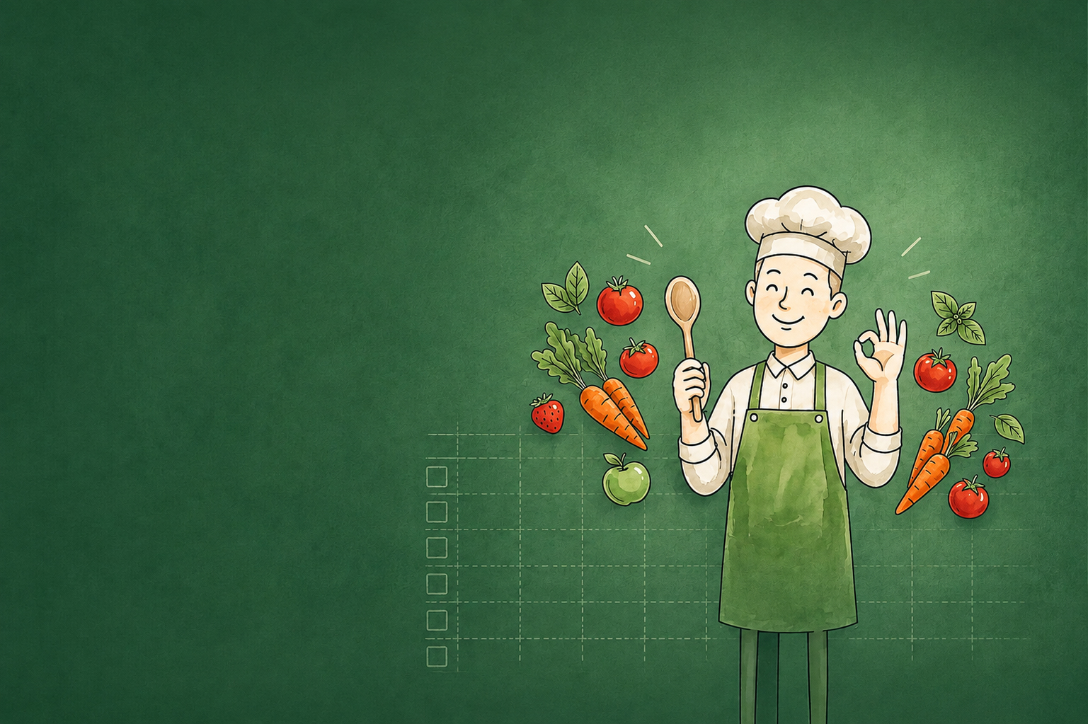 Illustration of a chef with vegetables and fruit on a dark green background for the weekly family meal plans